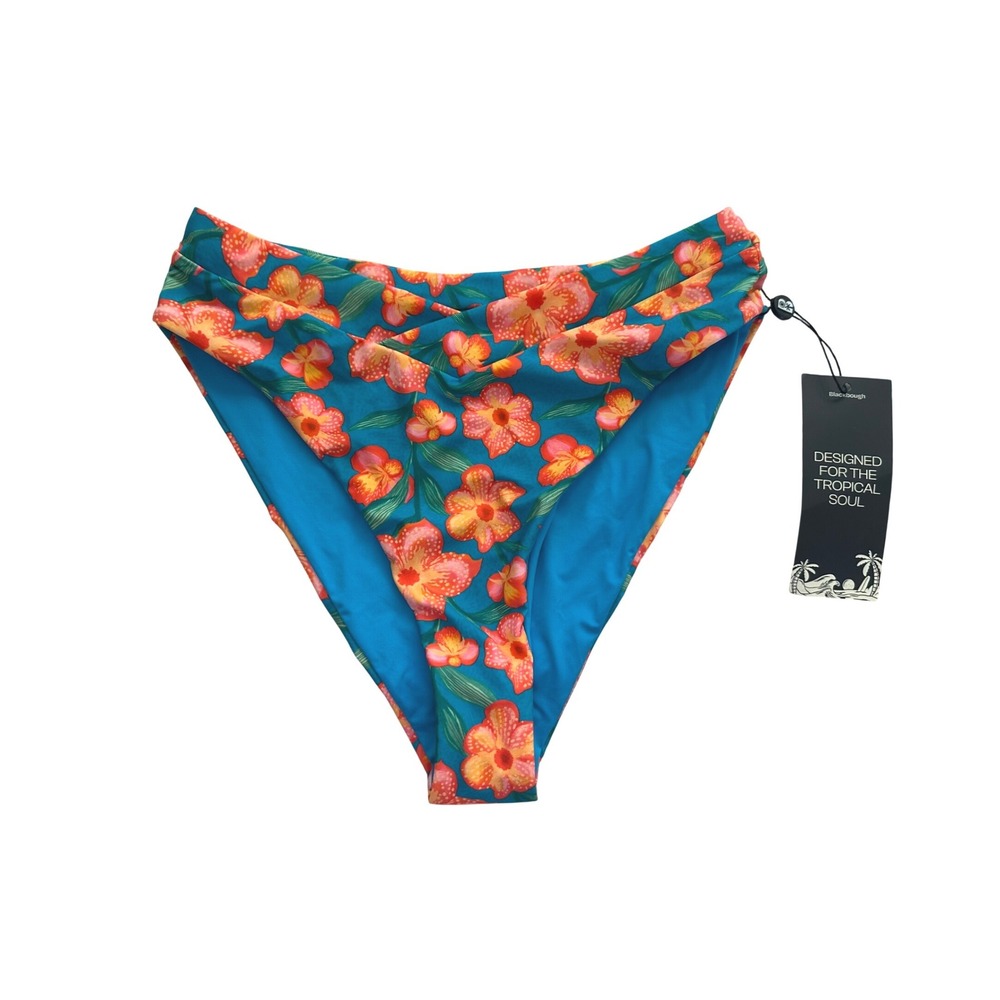 Blackbough Swim Teal Floral High Waisted Bikini Bottoms Size Medium NWT